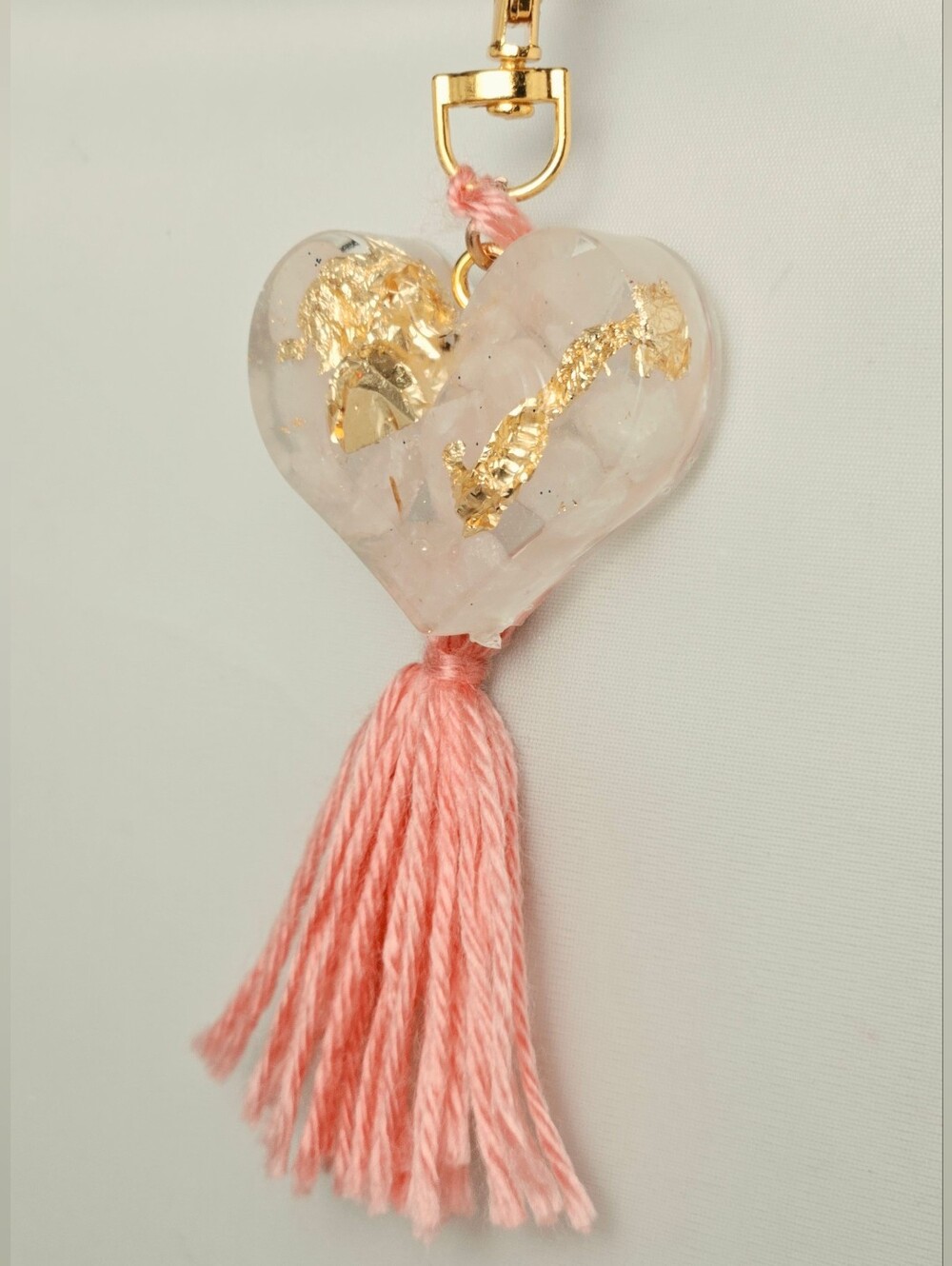 Rose Quartz Heart  Key & Card Holder Charm with Gold Flakes Genuine Gemstones